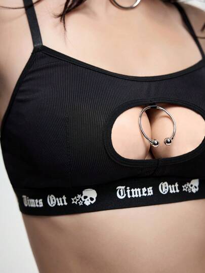 Goth Gothic Style Hollow Knit Bralette With 'Goth' Text & Skull Graphic