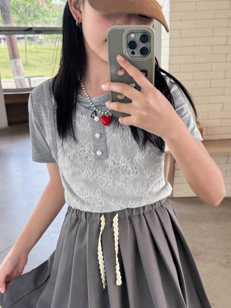 Tween Girl Lace Patchwork Short Sleeve T-Shirt, Summer, Back To School