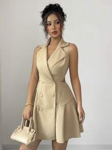 Elenzga Đầm Mini Thời Trang Màu Trơn Cho Nữ, Thích Hợp Cho Mùa Hè - Màu Khaki - Xem 6
