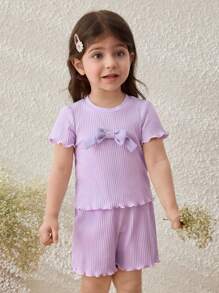Blossori Conjunto de camiseta de manga corta y pantalones cortos con decoración de lazo, estilo campestre, para niñas bebé - Morado - Ver 4