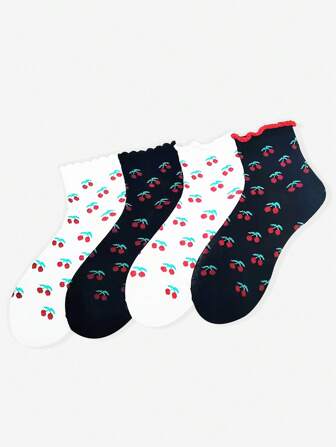 4 pares de calcetines de media caña de unicolor tipo cereza para mujer, calcetines versátiles y casuales de estilo minimalista universitario