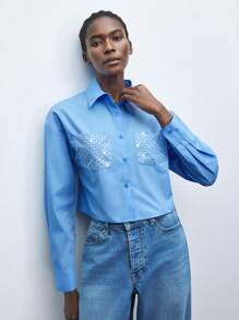 Maija Women's Rhinestone Decor Design Collar Front Open Long Sleeve Short Urban Fashion Shirt, Spring/Summer Business Casual Women's Wear, Office Wear, Low-Key Old Money Style, Effortless Temperament, High-End Urban Commuting, The Same Style As The Editor-In-Chief Of The Magazine, Urban Social Vacation Party Wear, Charming, Low-Key And Durable Basic Style, Versatile And Not Picky Clothing, Street Fashion Wear, Clothing, Coffee Shop, Relaxed Wear - Blue - View 6