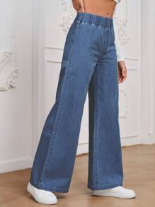 SHEIN Essnce Women's High Waist Loose Wide Leg Casual Woven Jeans Pants, All-Match Versatile Black, All Season