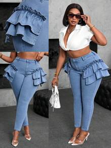 Plus Size Women's Stretch Ruffled Denim Jeans, Skinny Fit Light Blue Jeans  Autumn Outfits For Women Festival Outfits SHEIN SXY Plus Size Women Elastic Denim Jeans With Ruffle Hem Design Women Autumn Outfits Autumn Outfits For Women - Light Wash - View 1