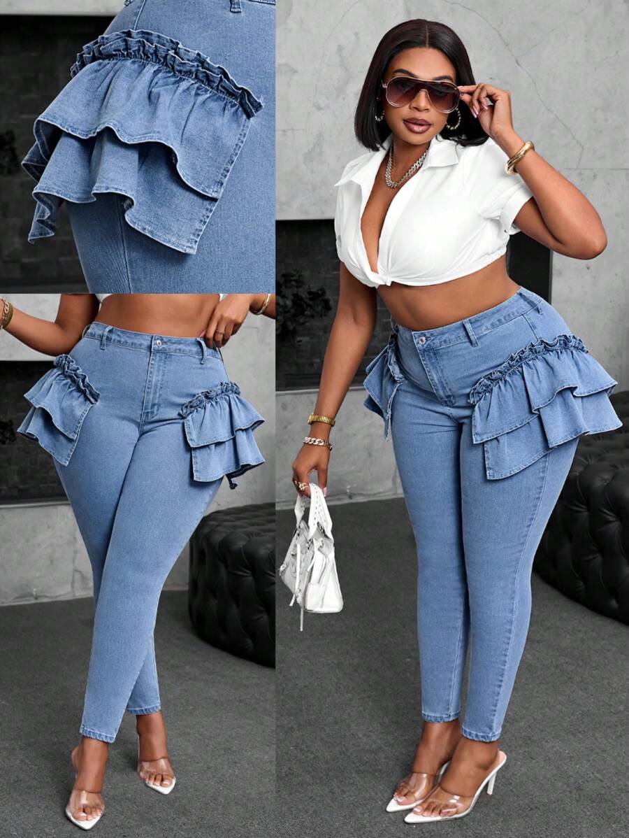 Plus Size Women's Stretch Ruffled Denim Jeans, Skinny Fit Light Blue Jeans  Autumn Outfits For Women Festival Outfits SHEIN SXY Plus Size Women Elastic Denim Jeans With Ruffle Hem Design Women Autumn Outfits Autumn Outfits For Women - Light Wash - View 1