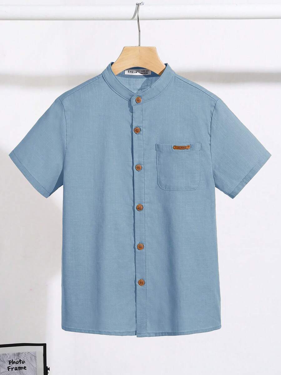SHEIN 青少年男孩休闲宽松舒适蓝色短袖纽扣衬衫 - 霧霾藍 - 查看 1