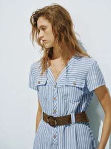 Lumivelle Women Casual V-Neck Shirred Waist Striped Romper - Blue - View 6