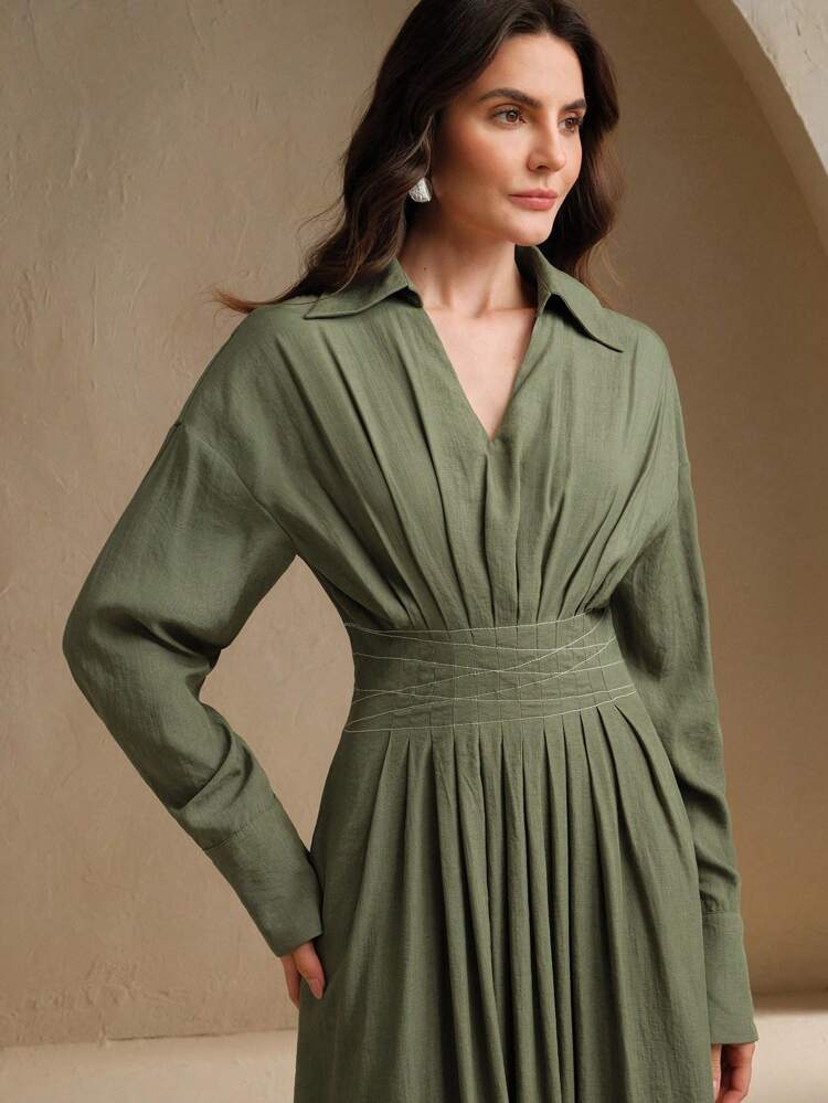 Urban Style Waisted Dress, V-Neck Long Sleeve Casual Dress, Slimming A-Line Hem