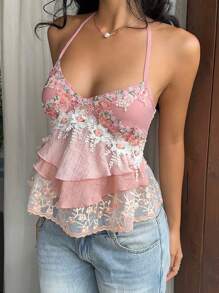 Sunnyshic Romantic Lace Patchwork Tassel Pendant Neck Blouse - Pink - View 4