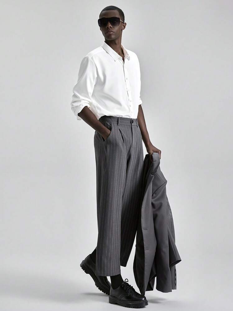 2025 Men's Grey Striped Trousers,Autumn Business Casual Office Attire,Wedding Guest Formal Wear,Vintage-Inspired Birthday Teacher Uniform Menswear