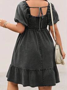 SHEIN LUNE Playful Casual Plus Size Ruffle Splice Lantern Sleeve Dress, Girlfriend Set Country Concert Outfit Graduation Outfit Summer Outfits For Women Brunch Outfits For Women Mother's Day Church Outfits Women