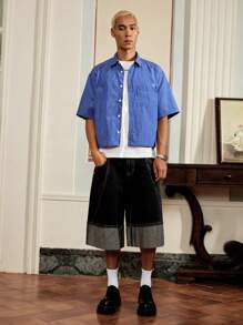 SWAVVY Men's Woven Casual Striped Short Sleeve Loose Fitting Blue Button Up Shirt, Youthful Daily Wear - Blue - View 7