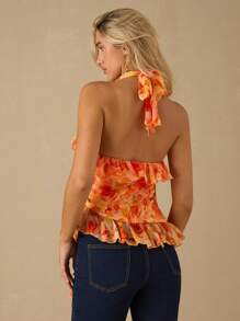Enchnt Top casual de verano de mujer con volantes, cuello de halter y espalda descubierta con estampado total