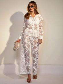 COSMINA Women Drawstring Waist Straight Leg Lace Pants - White - View 4