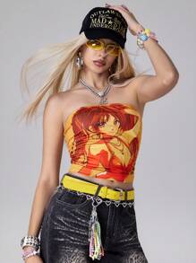 ROMWE Anime Women Cartoon Character Printed Tube Top Casual Blouse, Summer