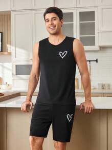 CoupledUp Ensemble de pyjama décontracté pour hommes avec veste sans manches à imprimé cœur