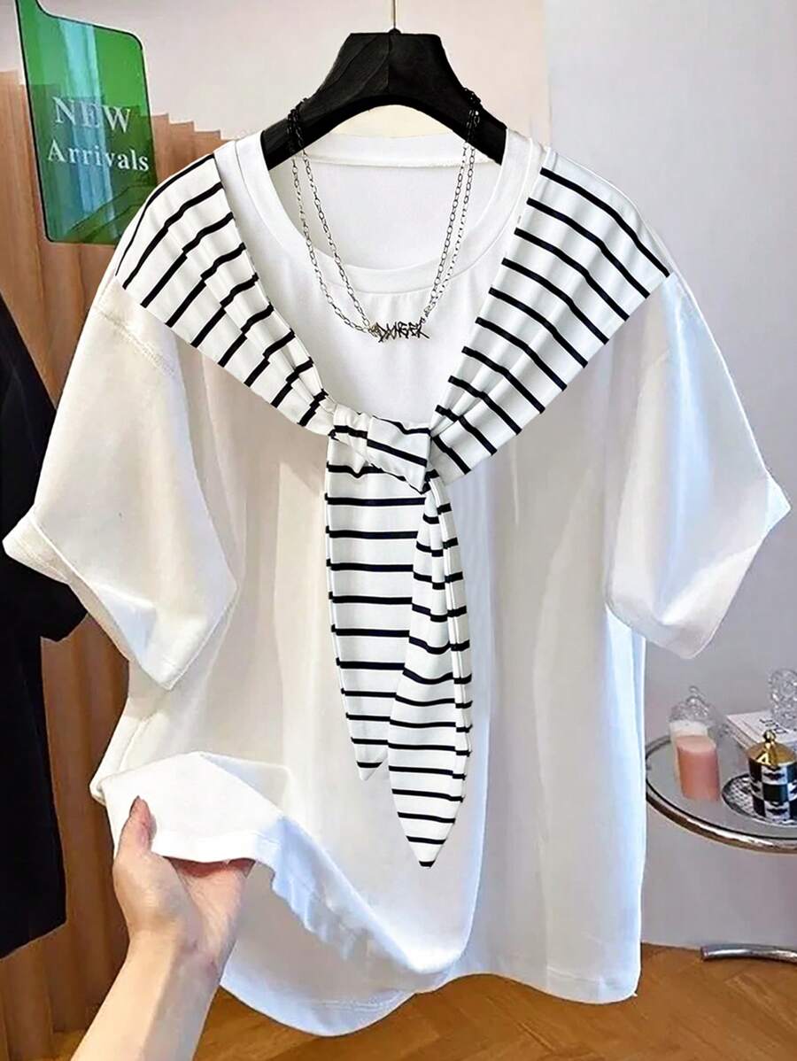 SHEIN Camiseta de verano informal con mangas tipo dolman a rayas