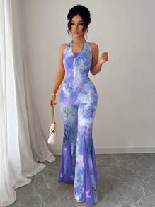 Elenzga Random Cut Lace & Print Halter Jumpsuits - Multicolor - View 5