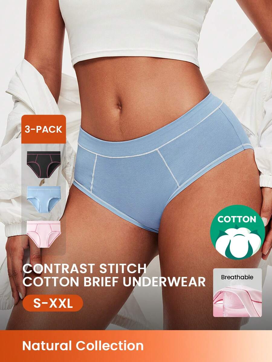 LUVLETTE Bộ 3 quần lót nữ cạp vừa cơ bản bằng cotton thoáng khí - Thiết kế nhiều màu sắc, đồ lót mặc ngoài cũng phù hợp cho bé gái tuổi teen & trẻ em - Nhiều màu - Xem 1