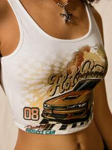 Easelle Car & Letter Graphic Crop Tank Top - White - View 5