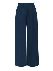 SHEIN Tall Plus Size Women Elastic Waist Casual Wide Leg Pants Fall Cloth For Women - Navy Blue - View 2