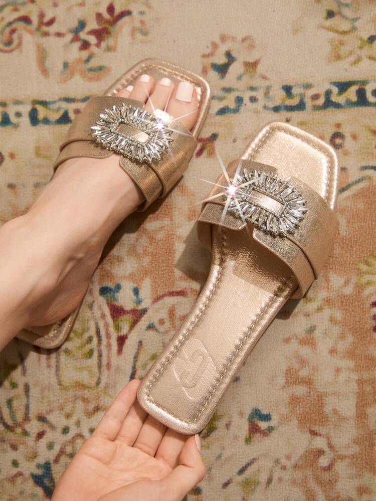 CUCCOO TILAWA Women's Crystal Decor Casual Daily Slip-On Flat Slide Sandals