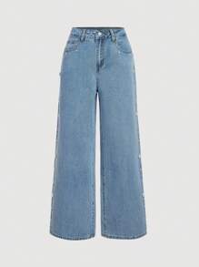SHEIN MOD Women's Casual Distressed Rhinestone Embellished Wide Leg Jeans - Blue - View 6