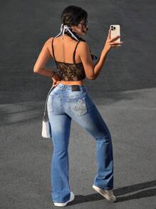 SHEIN EZwear Jeans casual donna con gamba ampia e fantasia a motivi incrociati sulle tasche