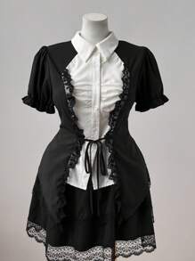 Sunspun Plus Size Plain Short Sleeve Shirt, Fashionable For Summer - Black and White - View 3