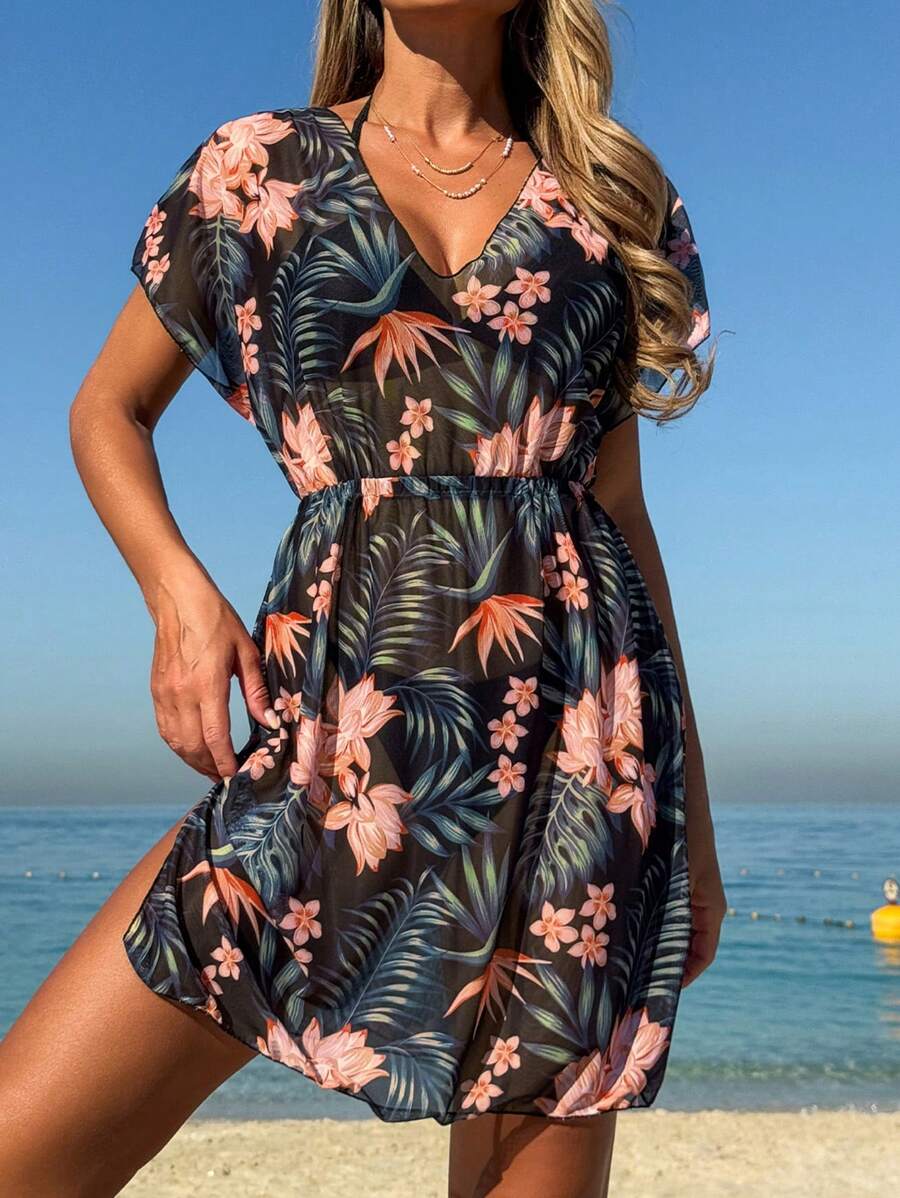 Swim Lushoire Women's Tropical Plant Print V-Neck Batwing Sleeve Kaftan Cover Up Dress, Vacation For Summer - Orange - View 1