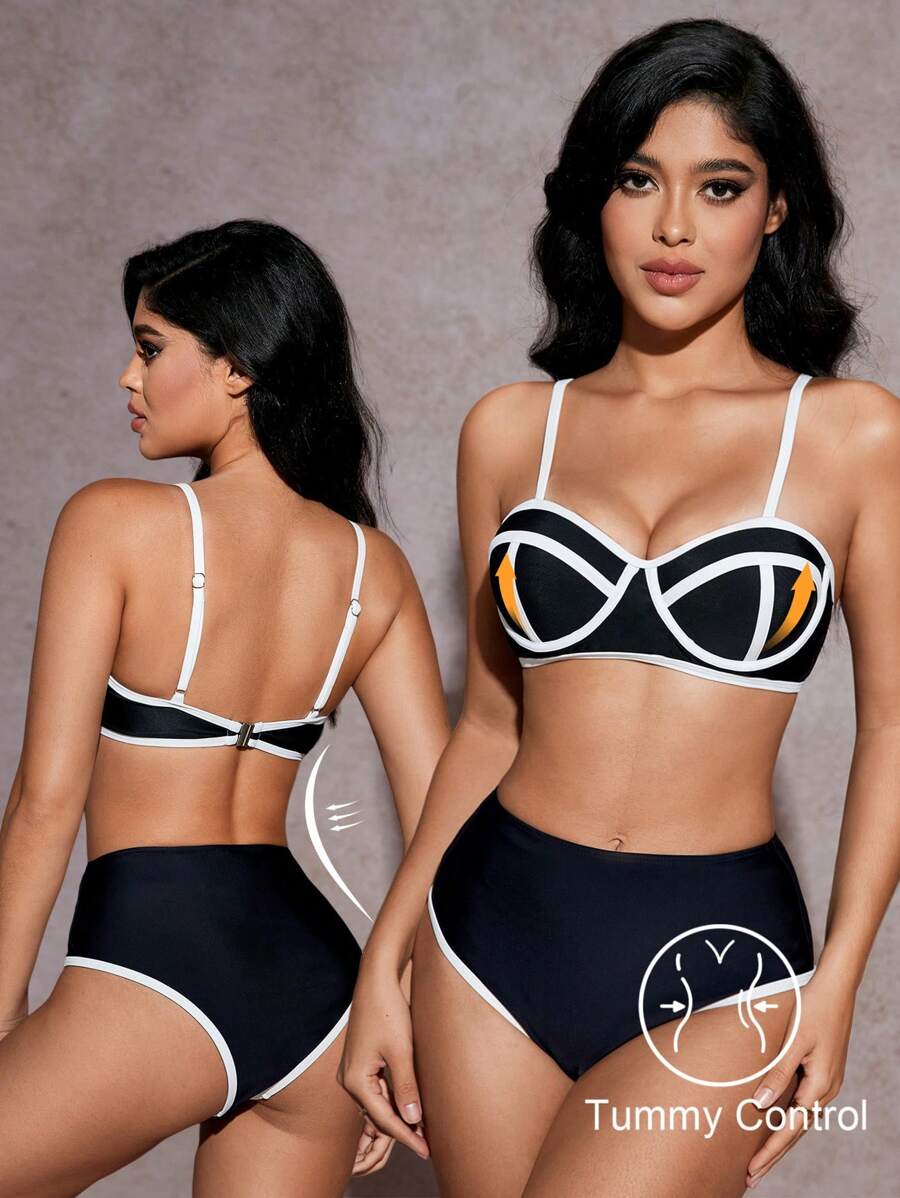 SHEIN Swim 收腹高腰分体泳衣，带修身罩杯 - 黑與白 - 查看 1