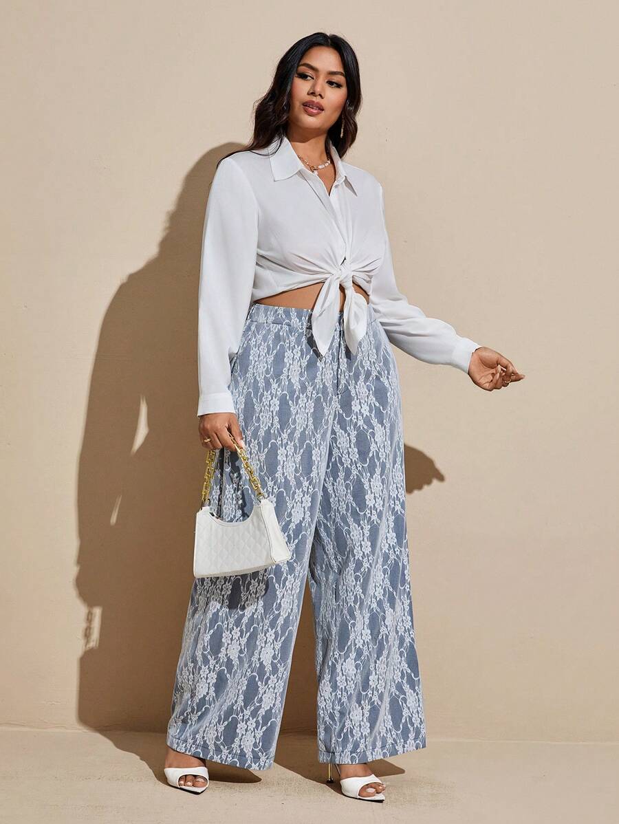 Viva Relle Pantalones de pierna ancha elegantes y de uso diario con estampado integral y bolsillos para tallas grandes