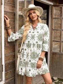 LanaWest 女士花卉印花休闲连衣裙，3/4 袖，适合度假、日常穿着和通勤 - 軍綠色 - 查看 5