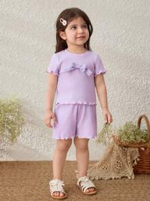 Blossori Conjunto de camiseta de manga corta y pantalones cortos con decoración de lazo, estilo campestre, para niñas bebé - Morado - Ver 3