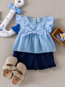 PrepCrw Toddler Girls Preppy Style Bow Decor Blue Stripe T-Shirt & Shorts 2pcs Set,Navy Blue,Summer,Cute,Vacation,Holiday School Uniform Outfits - Blue and White - View 1