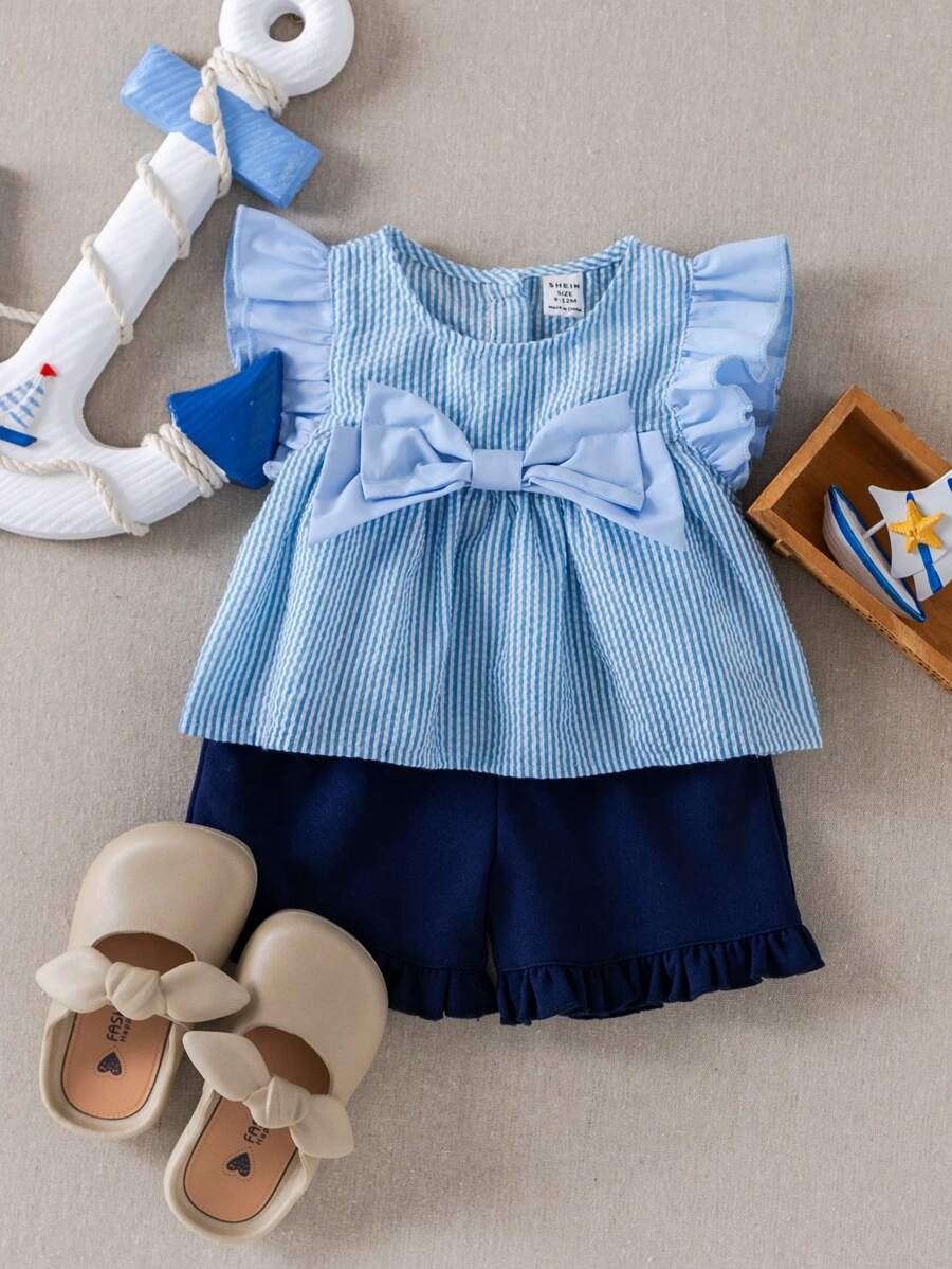 PrepCrw Toddler Girls Preppy Style Bow Decor Blue Stripe T-Shirt & Shorts 2pcs Set,Navy Blue,Summer,Cute,Vacation,Holiday School Uniform Outfits - Blue and White - View 1