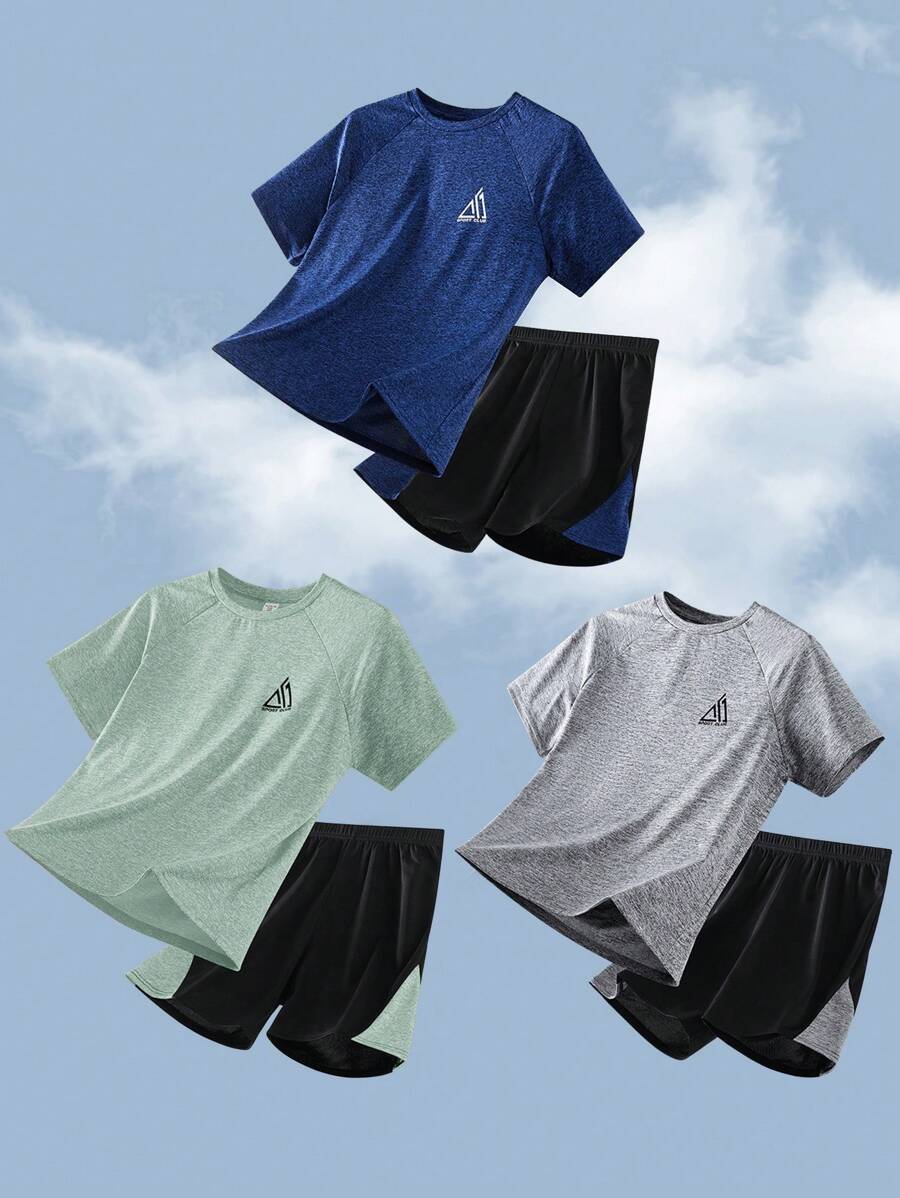 SHEIN 青少年男童休闲运动图案弹力圆领短袖 T 恤和短裤套装，专业运动服，多件套适合通勤、上学、日常休闲、运动、健身、户外、春夏季