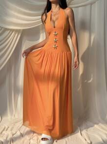 SHEIN EZwear 女式夏季假期海星挂脖褶皱橙色连衣裙 - 橘色 - 查看 5