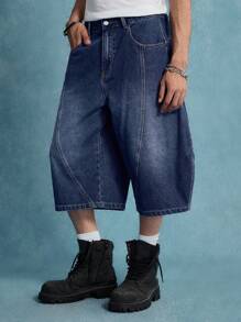 ROMWE MEN Men's Street Casual Washed Lettering Embroidery Denim Jeans - Blue - View 2