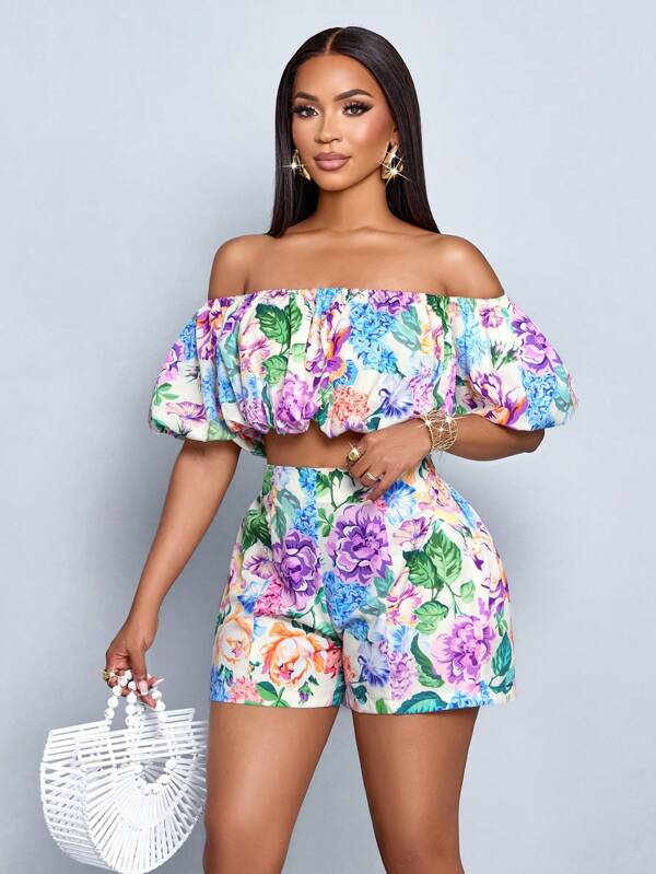 SOLERSUN Top elegant pentru femei, cu imprimeu floral, cu umeri goi, mâneci tip felinar, și pantaloni scurți casual cu imprimeu floral tropical, potriviți pentru purtare zilnică și ținute de vacanță