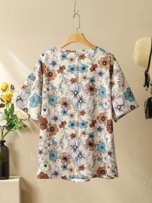 Lacomfia Plus Size Floral Print Arabic Style Short Sleeve Shirt - Multicolor - View 2