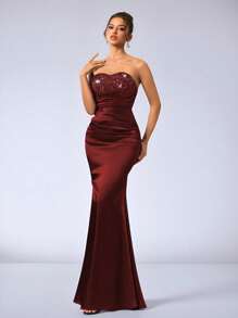 Coutiva High-End Banquet Dress, Sequin Patchwork Design Off-Shoulder Elegant Formal Dress For Parties - Burgundy - View 5