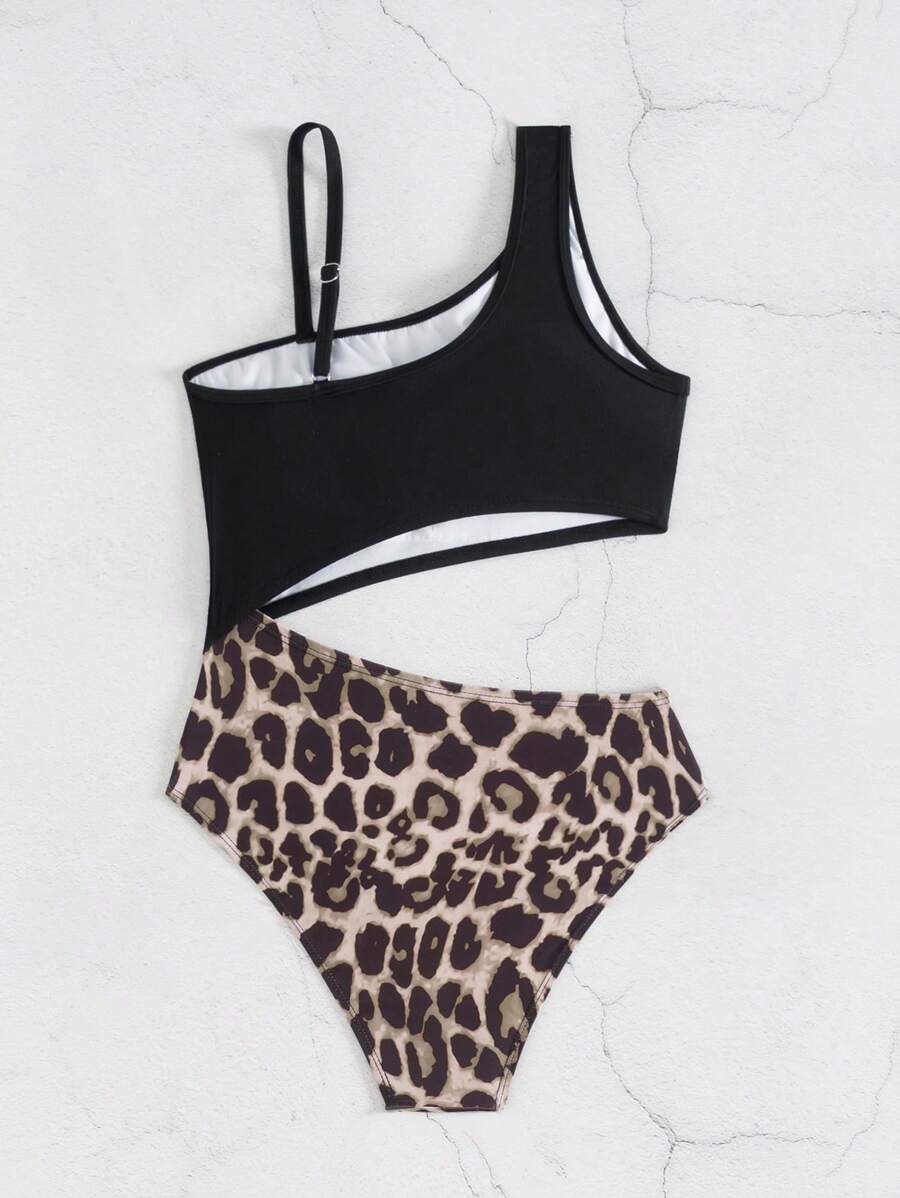 Tween Girls One-Piece Swimsuit With Leopard Print Contrast Color Asymmetrical Neckline, Hollow-Out Design, Fashionable European & American Style For Beach Vacation, Summer Young Girls Sets Bathing Suit Tops For Teens Bathing Suits For Teens Teen Girls Bikini Sets Bathing Suits For Teens Sets Swimming Suits For Teens Girls - Multicolor - View 1