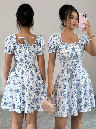 Rafferiza Vestido midi de mujer con cuello cuadrado, mangas abullonadas, cordón en la cintura y volantes en el bajo, estampado de pequeñas flores