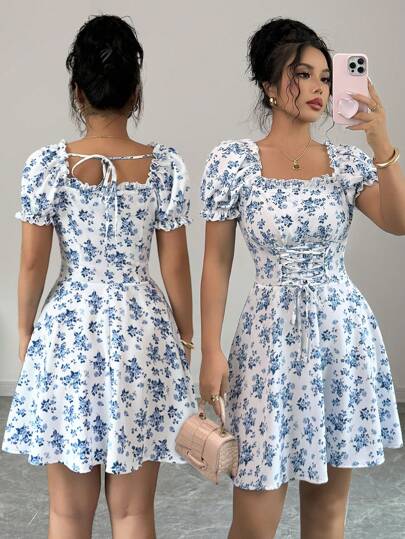 Rafferiza Vestido midi de mujer con cuello cuadrado, mangas abullonadas, cordón en la cintura y volantes en el bajo, estampado de pequeñas flores