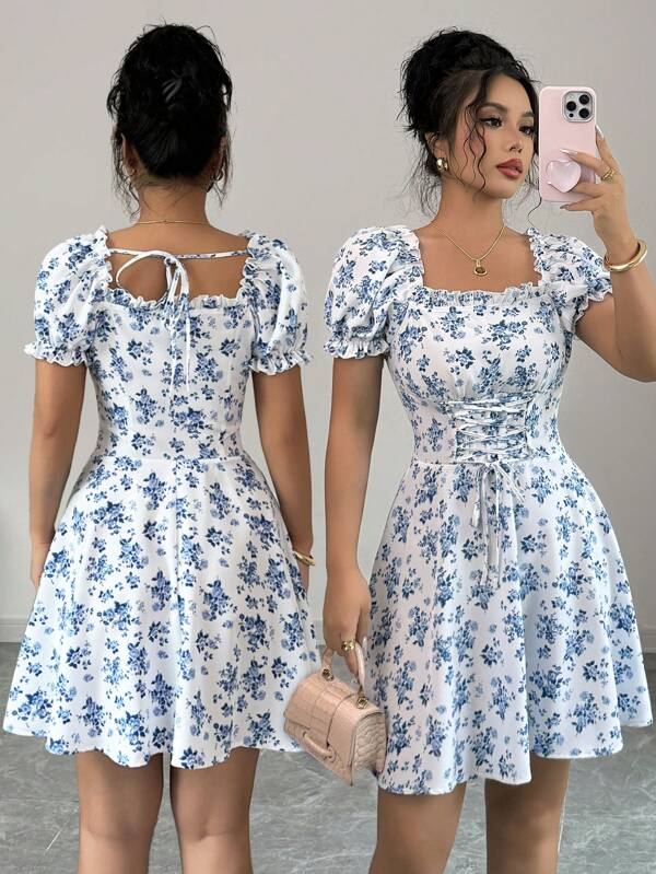 Rafferiza Vestido midi de mujer con cuello cuadrado, mangas abullonadas, cordón en la cintura y volantes en el bajo, estampado de pequeñas flores