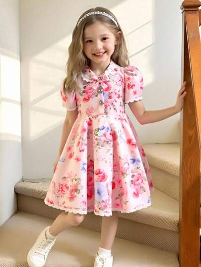 Glamorique Kids Girls Floral Print Sweet Dress, Suitable For Gathering, Party, And Various Occasions, Showcasing Sweetness, Elegance And Romance, Summer Spring Dresses For Girls