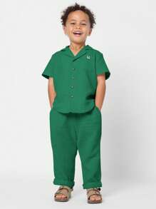 SUMWON 男童休闲纽扣短袖衬衫套装夏季棉麻质感儿童度假海滩度假装