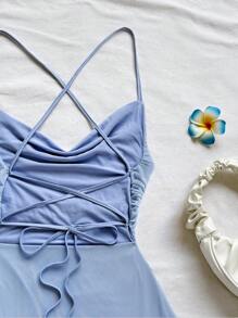 Soleia Vestido mini para mujer de estilo vacacional, con tirantes de espagueti, cuello drapeado, espalda descubierta, lazo, cola de pez, estilo sexy, para el té, pasear, romántico, cita, atuendo de playa, malla, joven, estilo juvenil