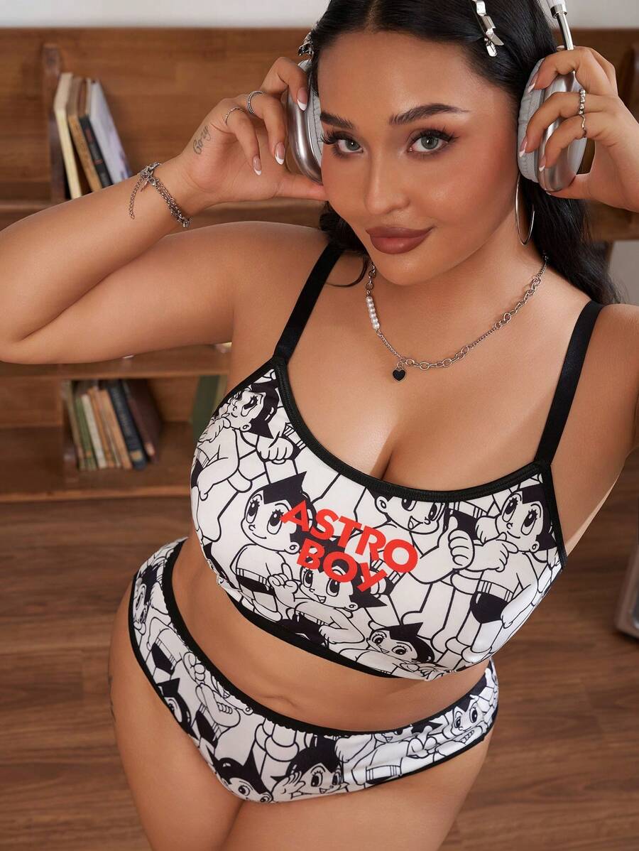 Astro Boy X SHEIN Conjunto de sujetador y calzoncillo con gráfico de letra de dibujos animados para mujer de talla grande - Blanco y Negro - Ver 1